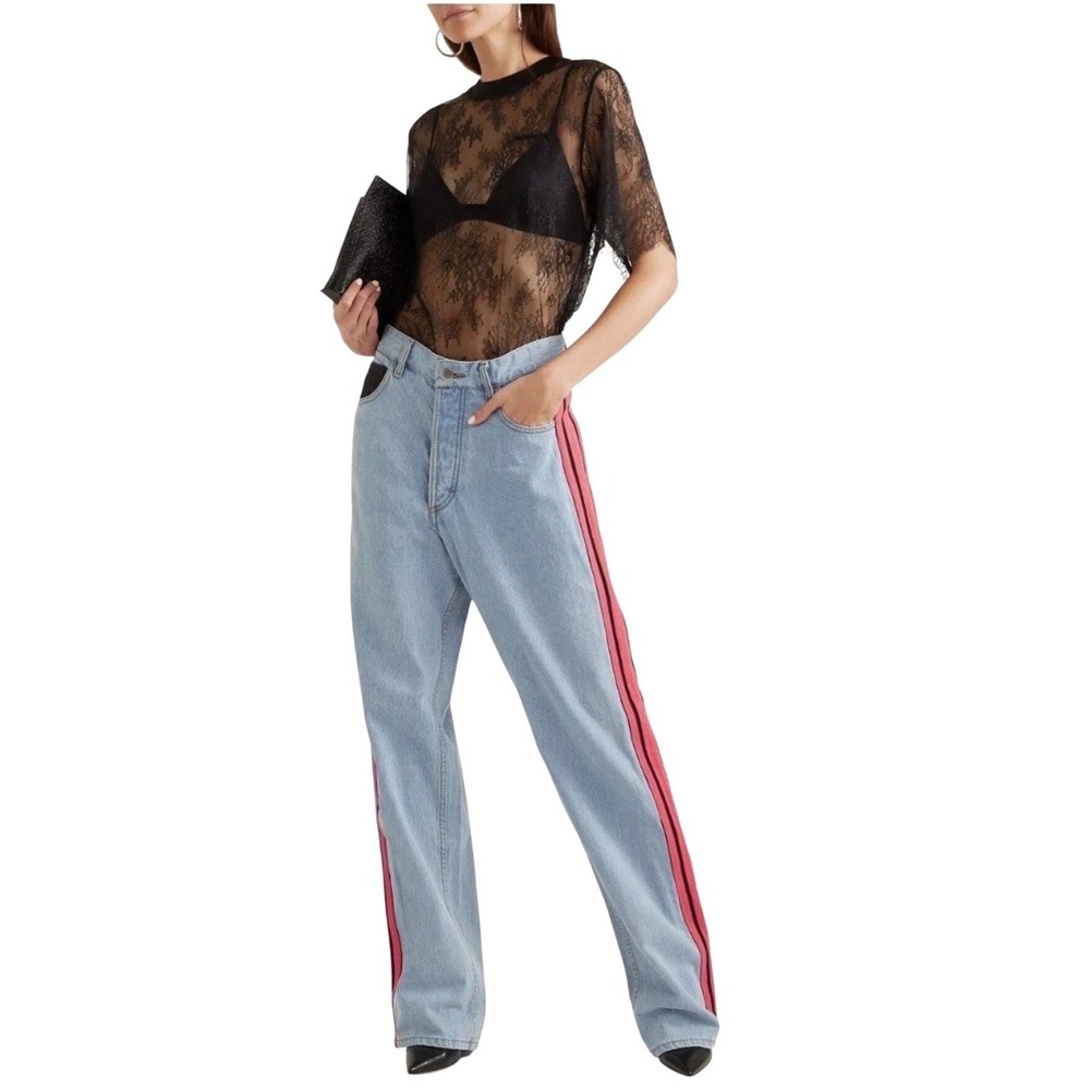 Koche Women Light Wash Designer Paris Jeans Pink Stripe Black Satin $465 MSRP 26